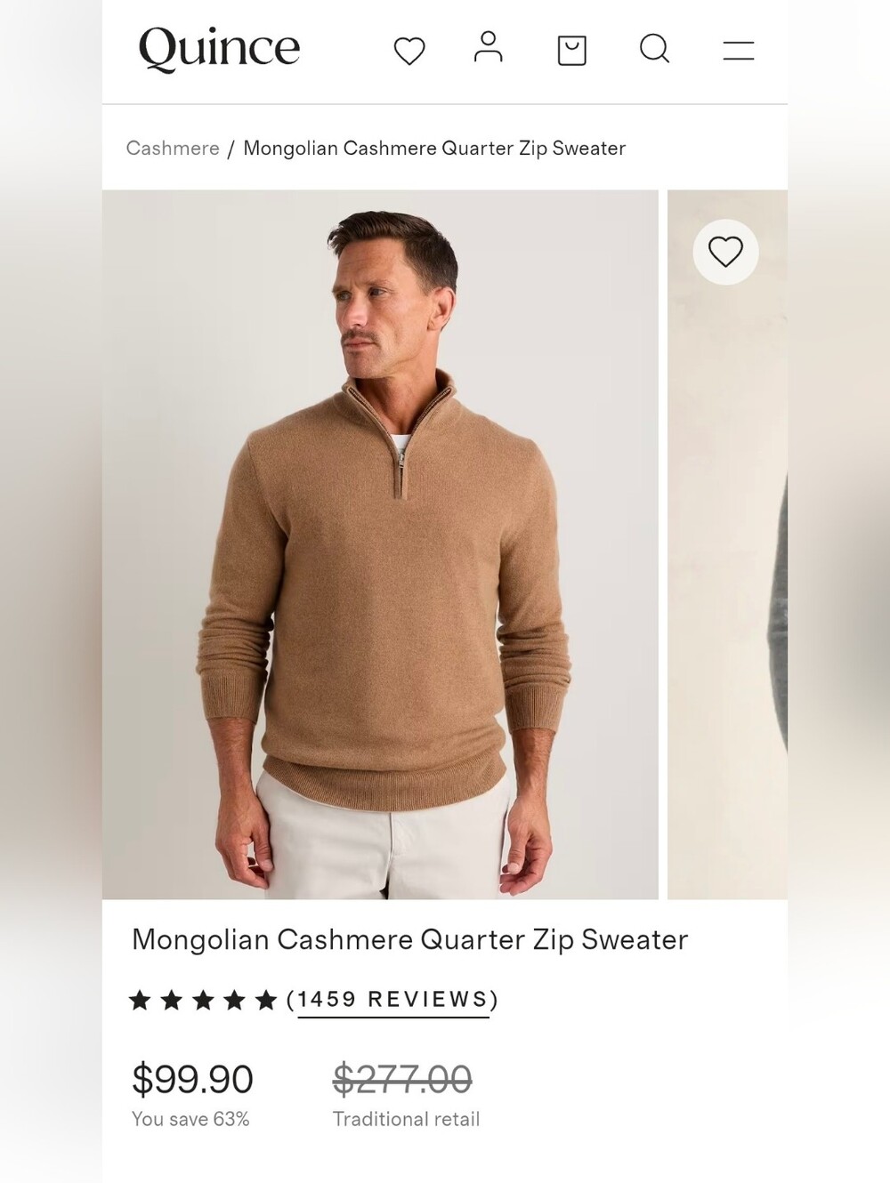 Quince Men's 100% Mongolian Cashmere Quarter-Zip Sweater Size L